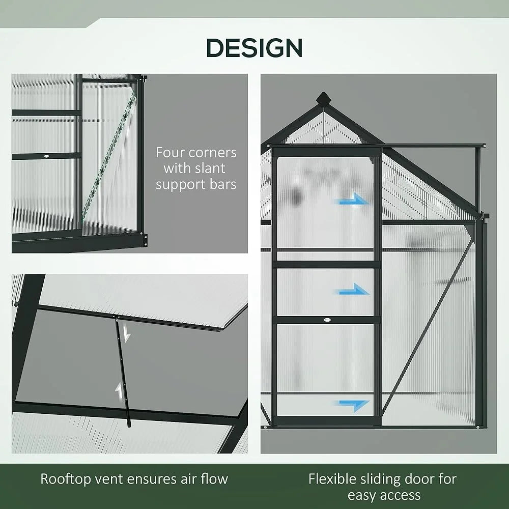 Walk-In Greenhouse, Polycarbonate, Sliding Door, Ventilation, Rain Gutter