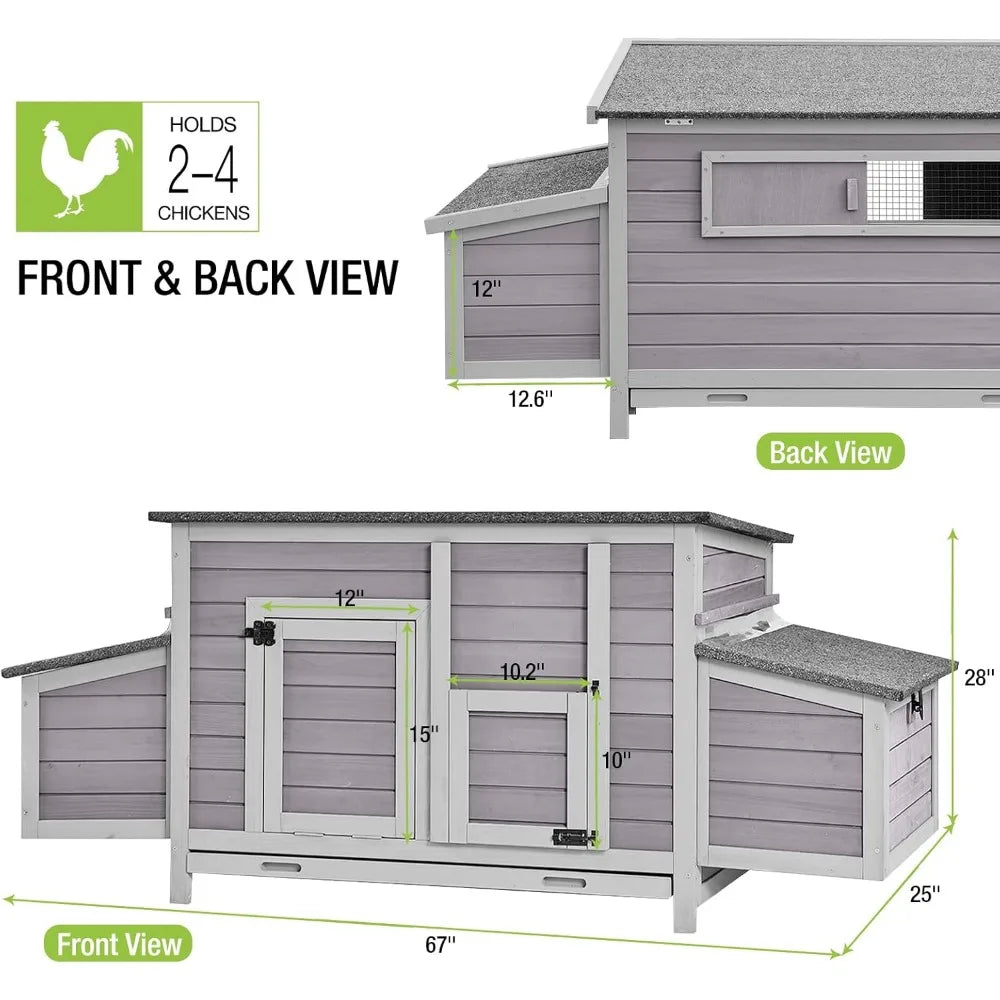 Chicken Coop Outdoor Hen House Wooden Poultry Cage with 2 Perches,2 Sides Large Nesting Boxes