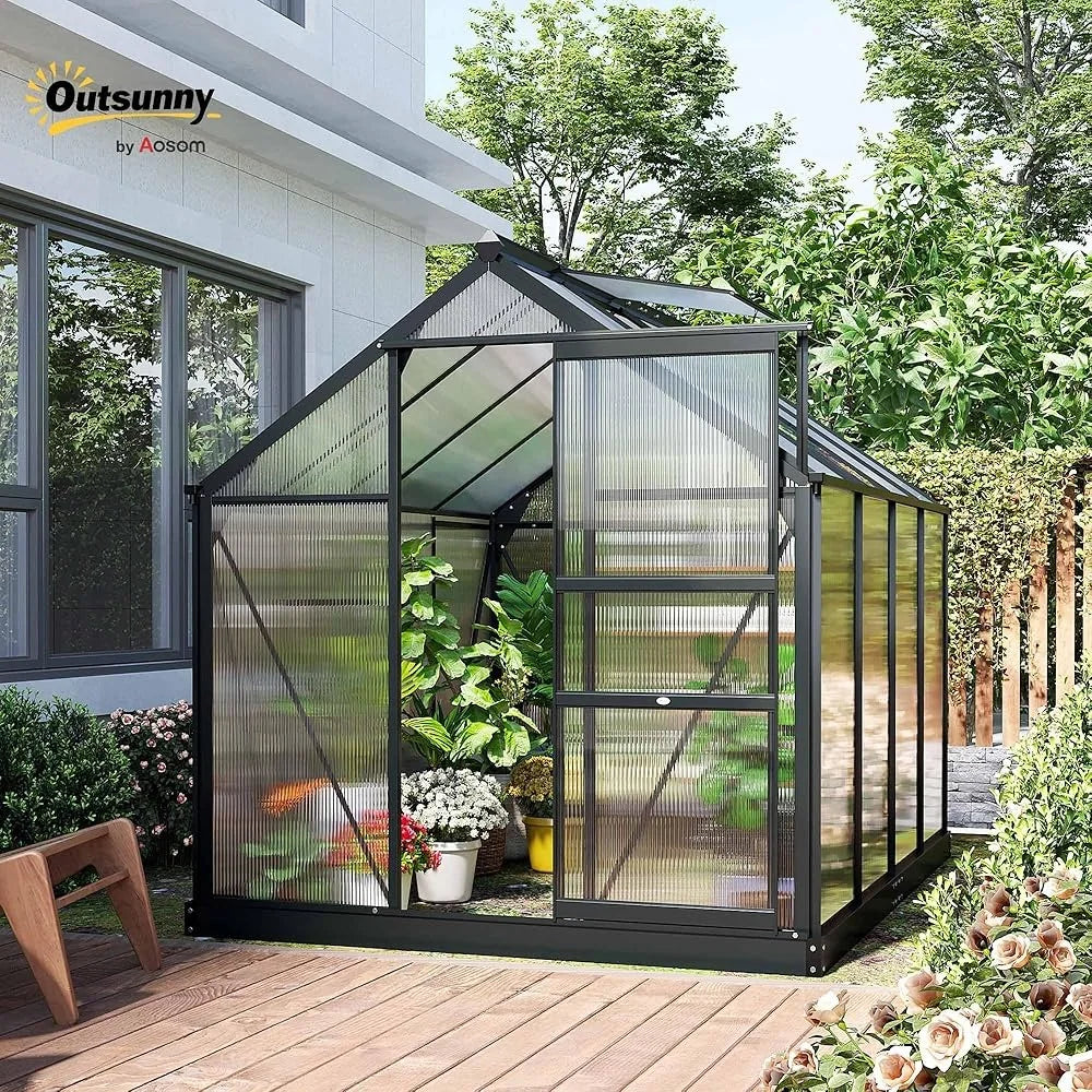 Walk-In Greenhouse, Polycarbonate, Sliding Door, Ventilation, Rain Gutter