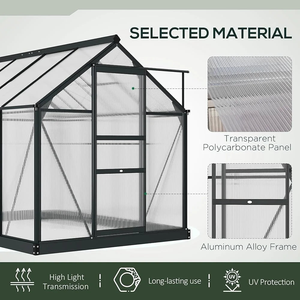 Walk-In Greenhouse, Polycarbonate, Sliding Door, Ventilation, Rain Gutter