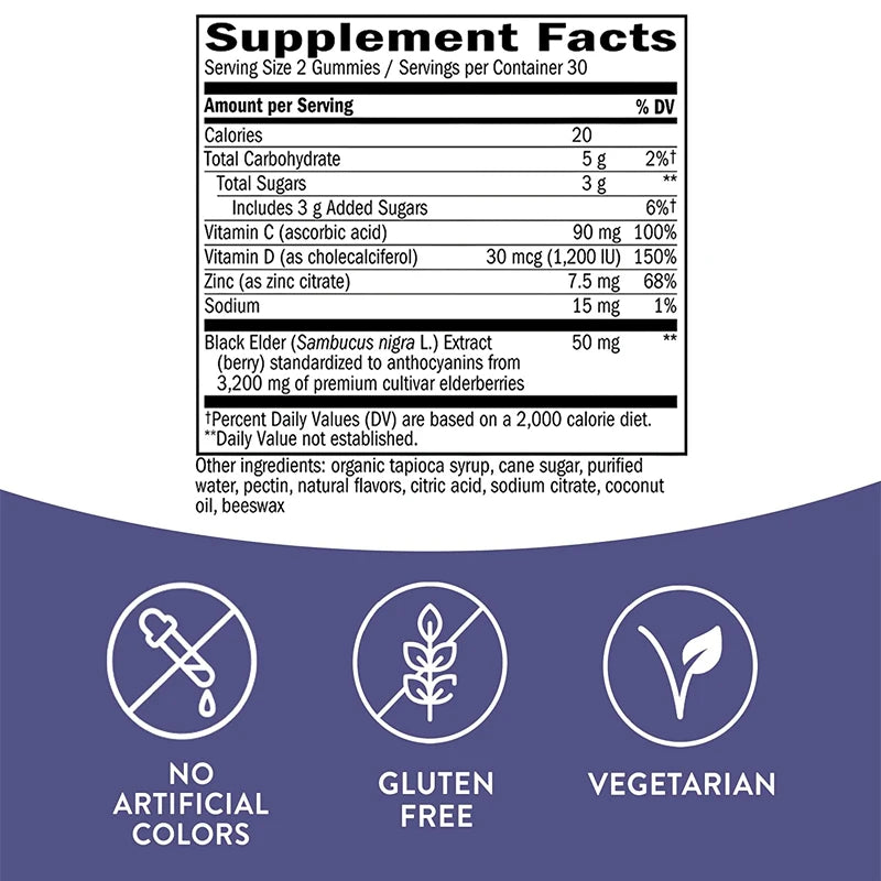 Elderberry Gummies, Vitamins C and D, Zinc