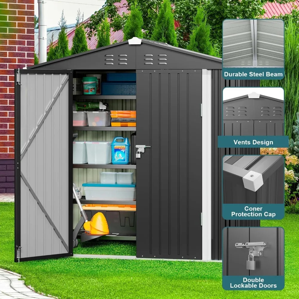 Outdoor Storage Shed 6 x 4 FT, Galvanized Metal, Double Lockable Doors
