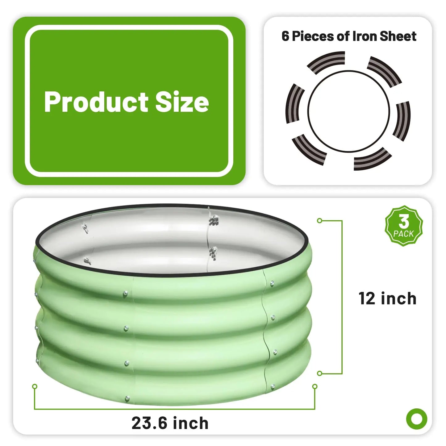 3-Pack Galvanized Metal Round Raised Garden Beds, 12 In. High, 2 Ft. Diameter