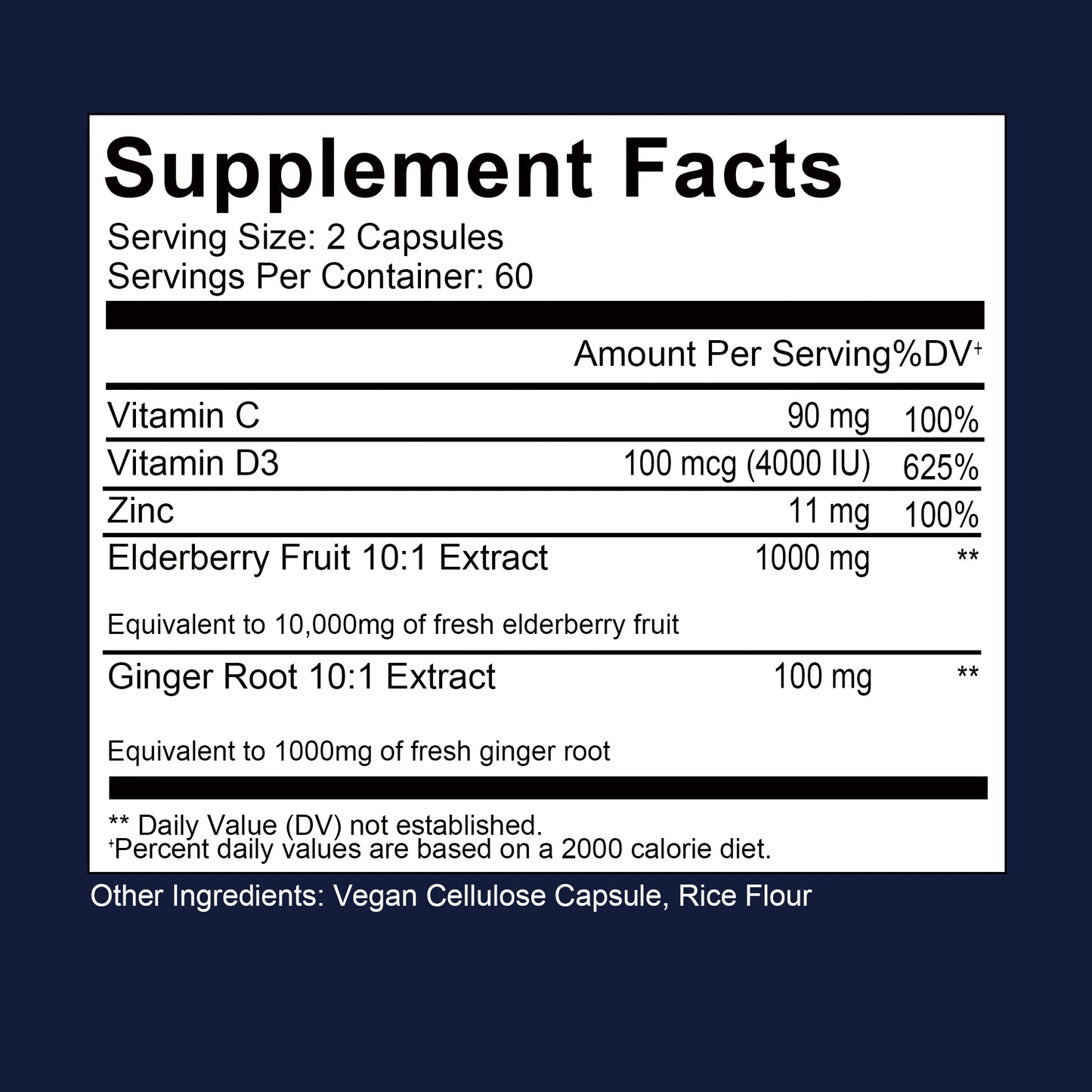 Elderberry, Vitamin C, Zinc, Vitamin D3, Ginger