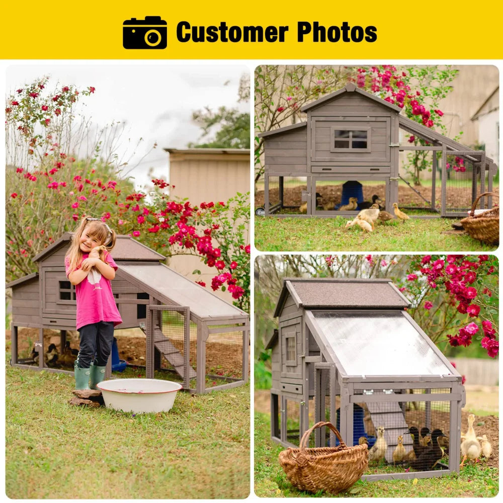 Movable Chicken Coop with Wheels, Large Poultry Cage for Outdoor, Wood Hen House with Nesting Box Backyard Chicken House
