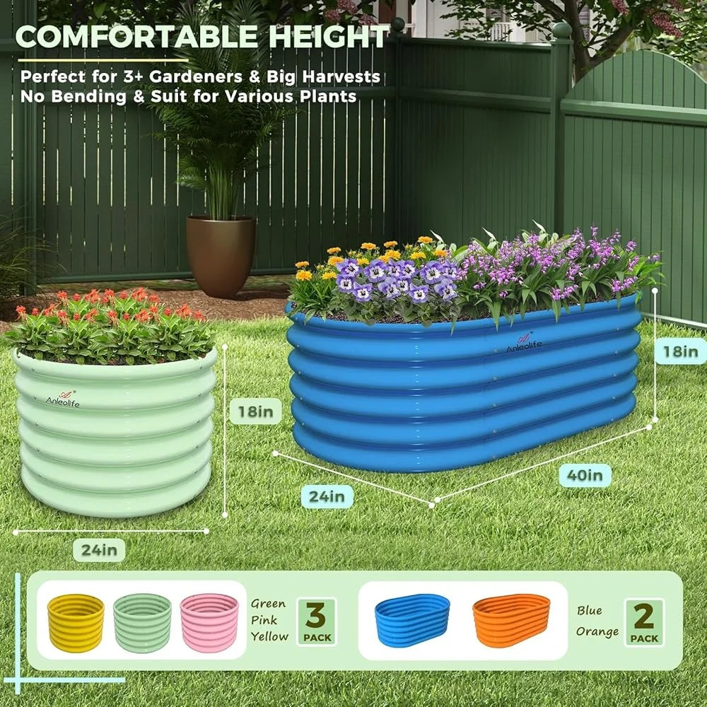 5-Pack Raised Garden Beds, Galvanized Steel, 18 In. High, 3 Round, 2 Oval