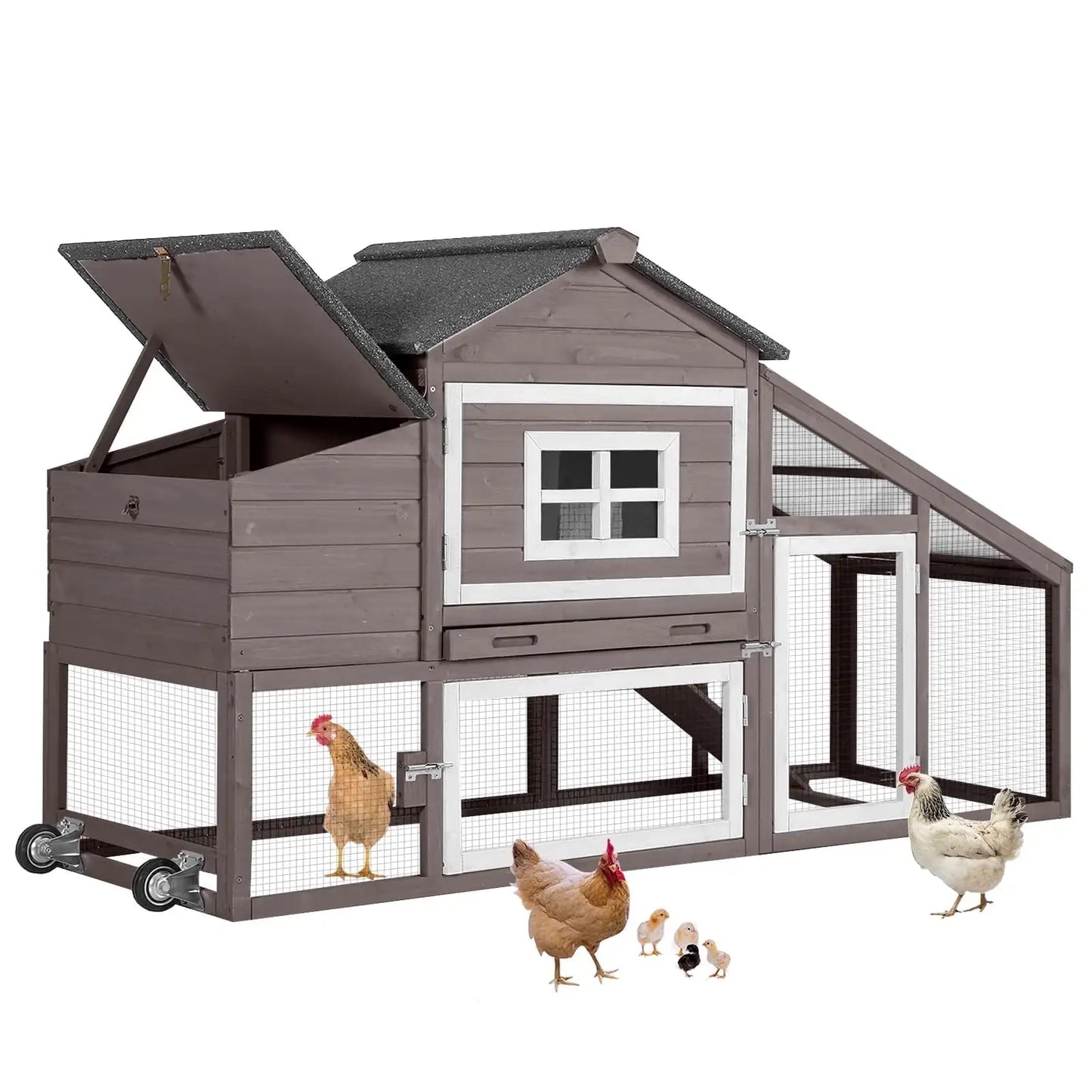 Movable Chicken Coop with Wheels, Large Poultry Cage for Outdoor, Wood Hen House with Nesting Box Backyard Chicken House