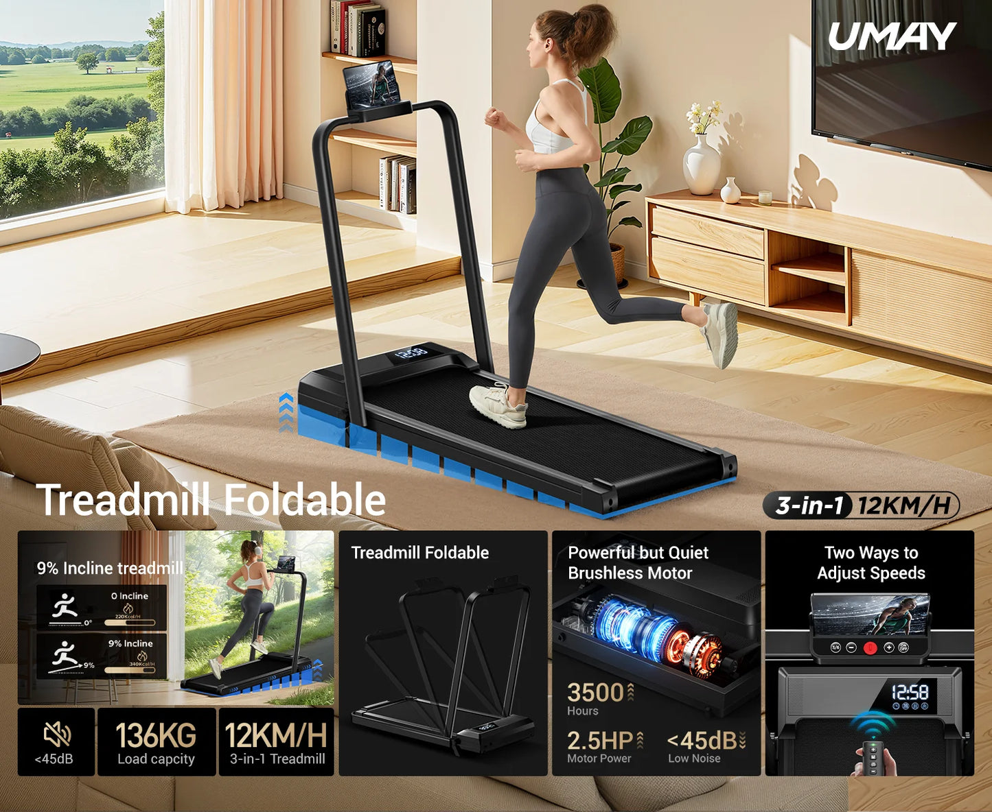 Walking Pad Treadmill; Fully Foldable; 0-9% Incline, Under-Desk