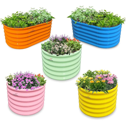 5-Pack Raised Garden Beds, Galvanized Steel, 18 In. High, 3 Round, 2 Oval