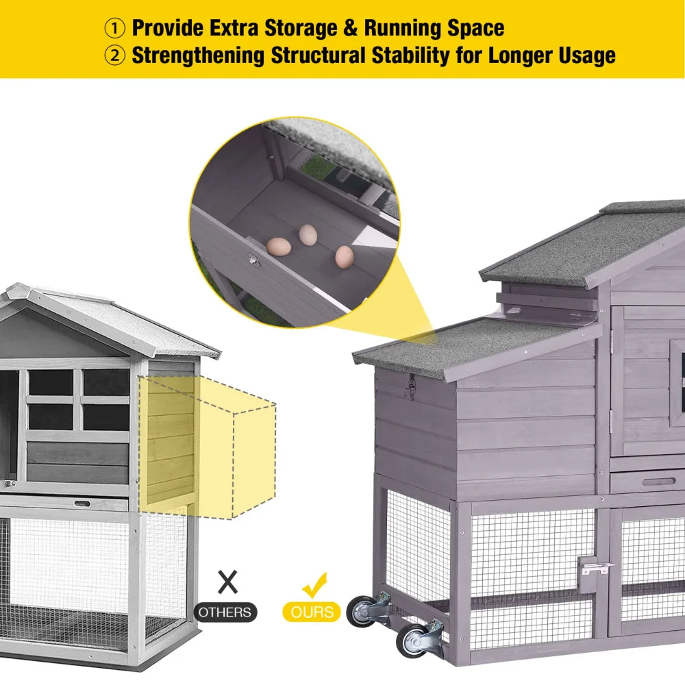 Movable Chicken Coop with Wheels, Large Poultry Cage for Outdoor, Wood Hen House with Nesting Box Backyard Chicken House