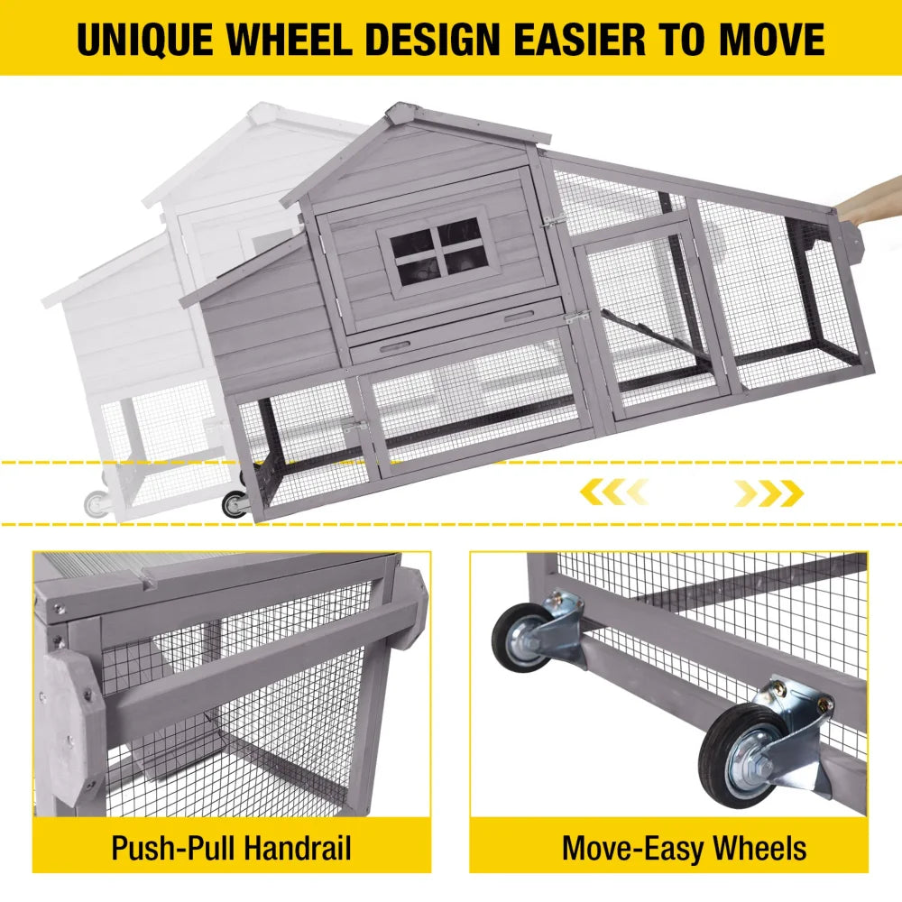 Movable Chicken Coop with Wheels, Large Poultry Cage for Outdoor, Wood Hen House with Nesting Box Backyard Chicken House