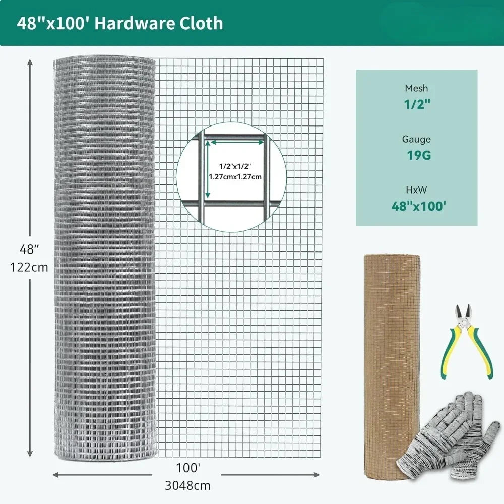 Hardware Cloth, 48" x 100ft Galvanized Hardware Cloth Chicken Wire Fence Roll, 1/2" Galvanized Wire Mesh Screen