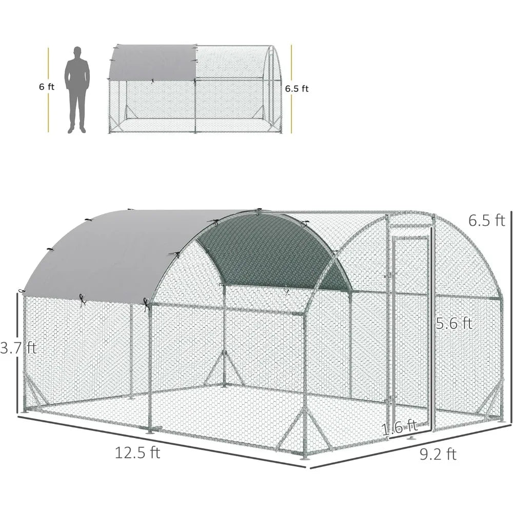 Large Metal Chicken Coop, Chicken Run, Waterproof and Anti-UV Cover, Dome Shaped Walk in