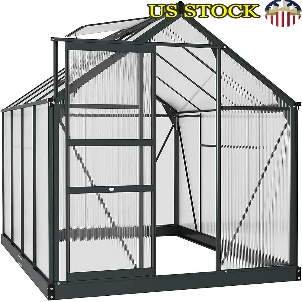 Walk-In Greenhouse, Polycarbonate, Sliding Door, Ventilation, Rain Gutter