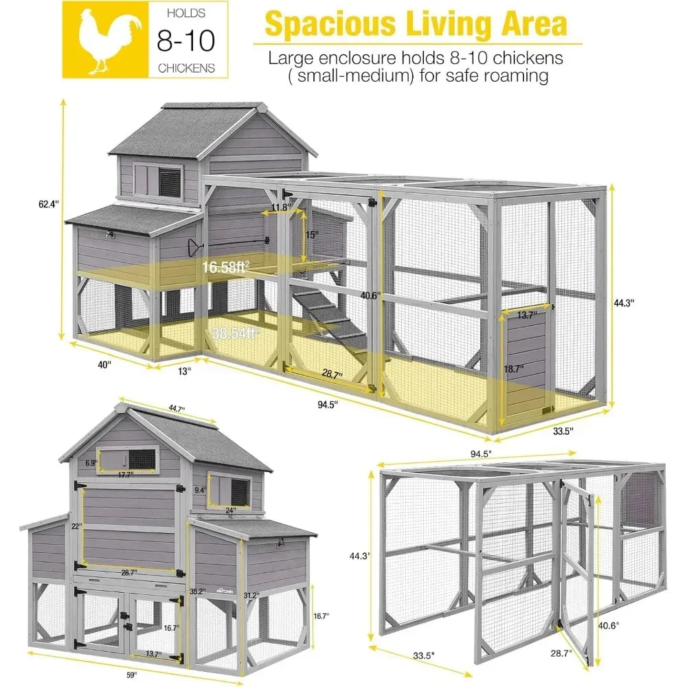 Chicken Coop, Extra Large for 8-10 Chickens, with Large Run