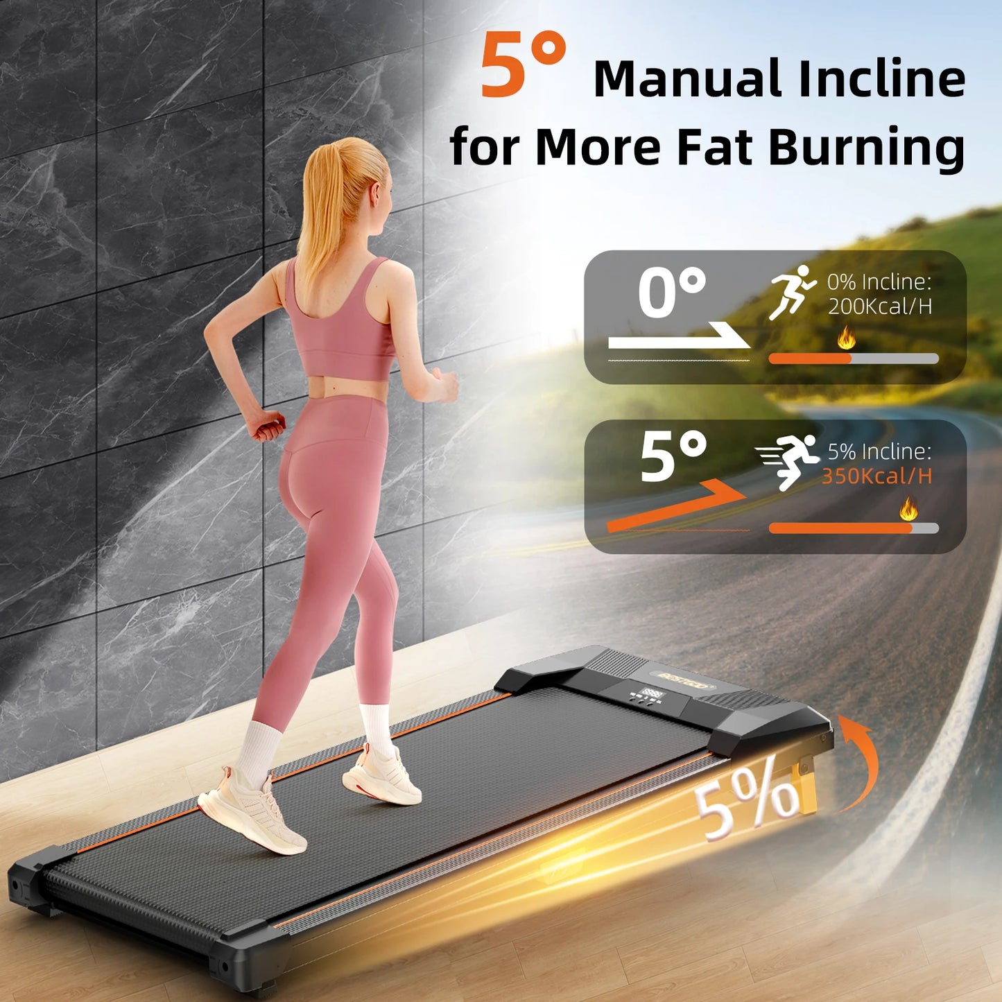 330 Lb. Cap. Treadmill, Under Desk, 5% Incline, 2.5 HP,  Portable