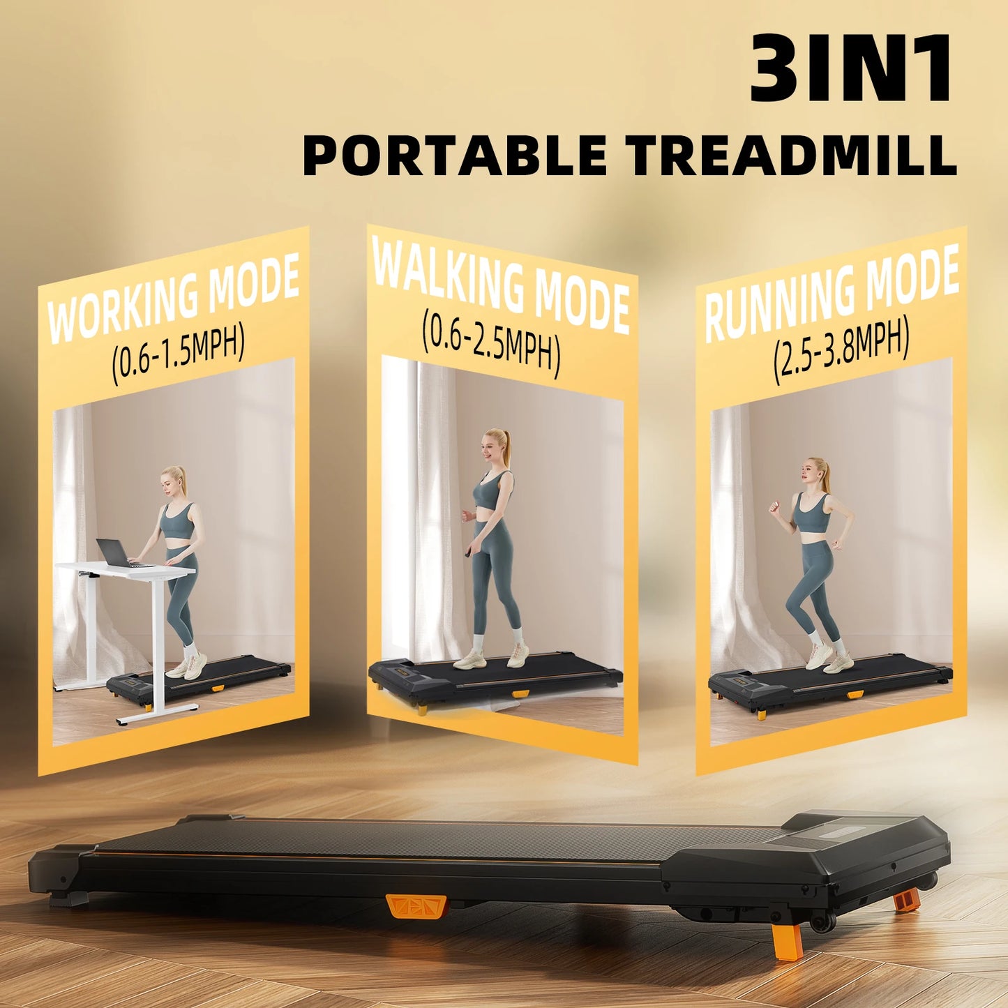330 Lb. Cap. Treadmill, Under Desk, 5% Incline, 2.5 HP,  Portable