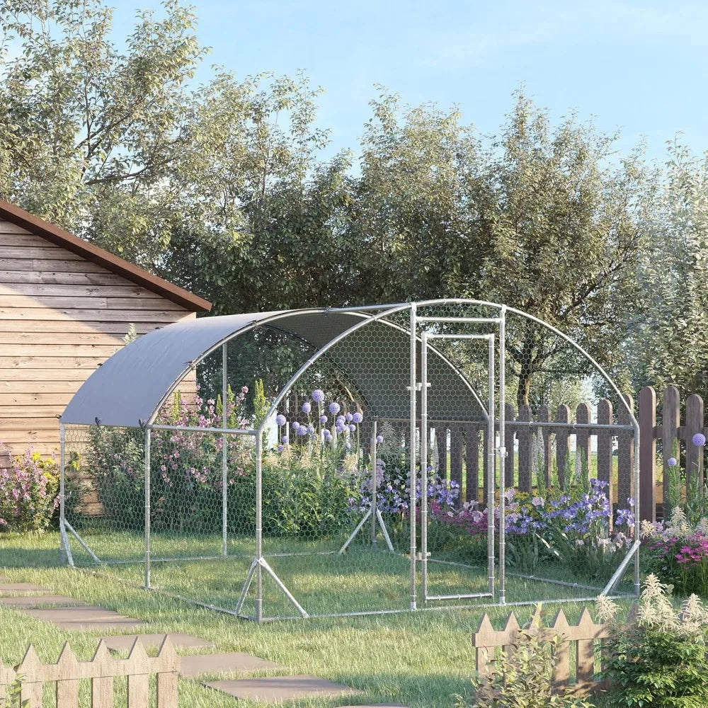 Large Metal Chicken Coop, Chicken Run, Waterproof and Anti-UV Cover, Dome Shaped Walk in