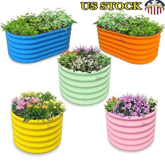 5-Pack Raised Garden Beds, Galvanized Steel, 18 In. High, 3 Round, 2 Oval