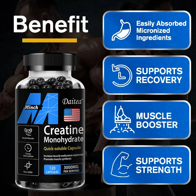 Creatine Monohydrate 3000 Mg, Easy To Absorb, Supports Strength, Muscle, Helps Replenish Muscle &  ATP Levels, 120 Capsules