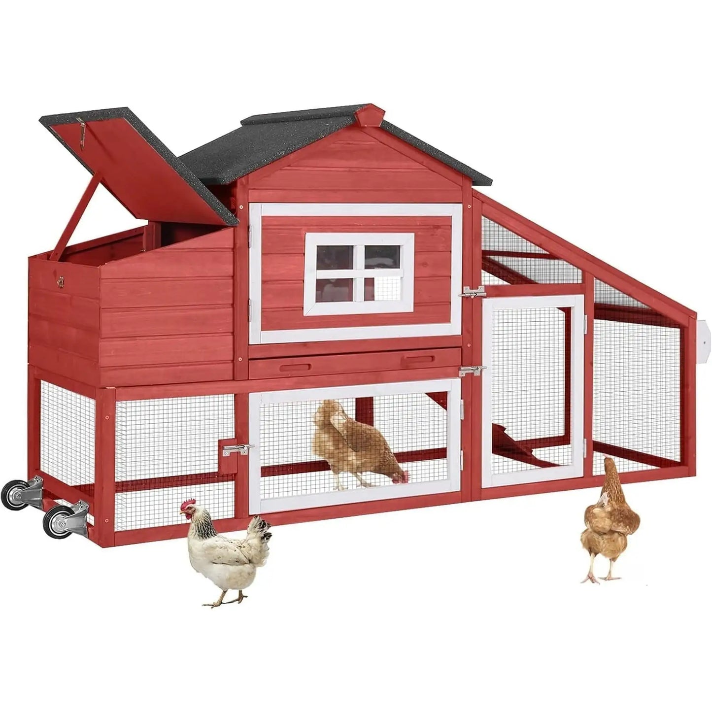 Movable Chicken Coop with Wheels, Large Poultry Cage for Outdoor, Wood Hen House with Nesting Box Backyard Chicken House