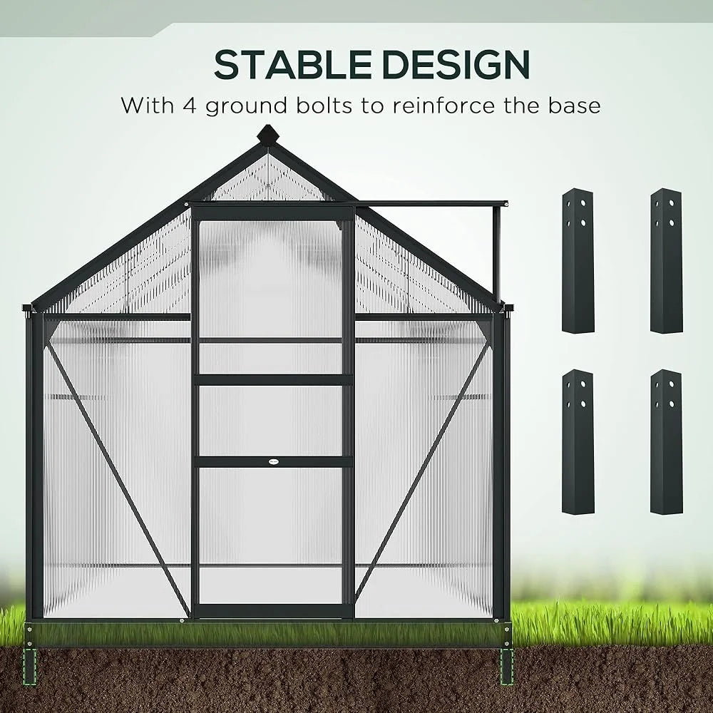 Walk-In Greenhouse, Polycarbonate, Sliding Door, Ventilation, Rain Gutter